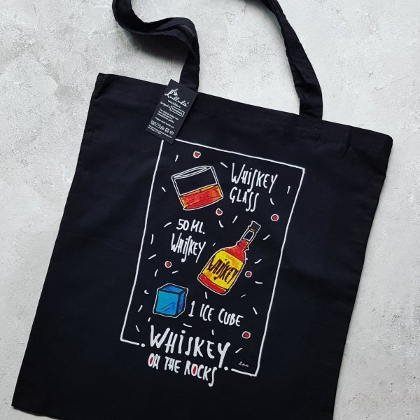 Traistă neagră Whiskey on the rocks, rețeta de cocktail
