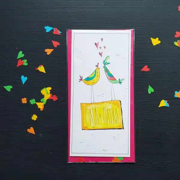 Tarjeta «Casă de piatră» («Casa de piedra»), con plumas de colores