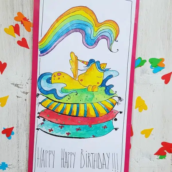 Felicitare „Happy Birthday”, cu unicorn magic