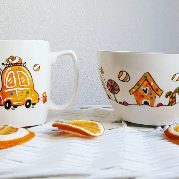 „Breakfast in Ginger Town”, set cană şi bol pictate manual