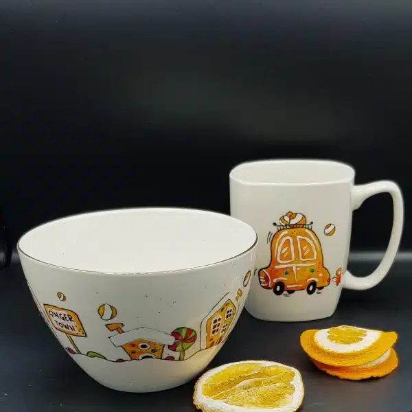 "Breakfast in Ginger Town", set cană şi bol pictate manual