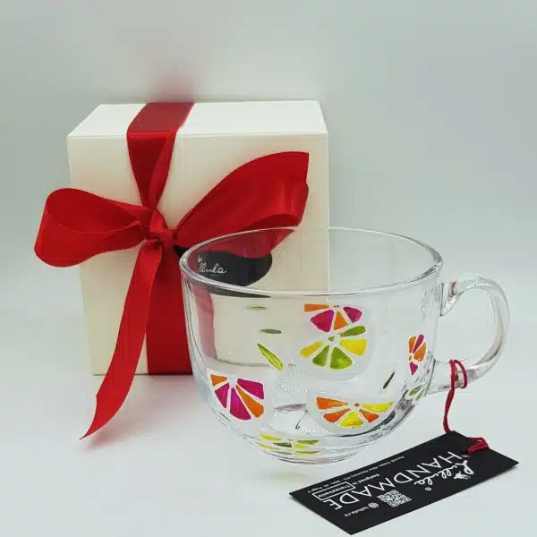 Happy – cană din sticlă pictată manual